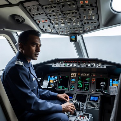 Indian pilot in airplane cockpit