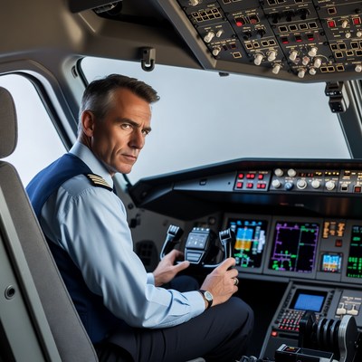 Pilot flying airplane cockpit