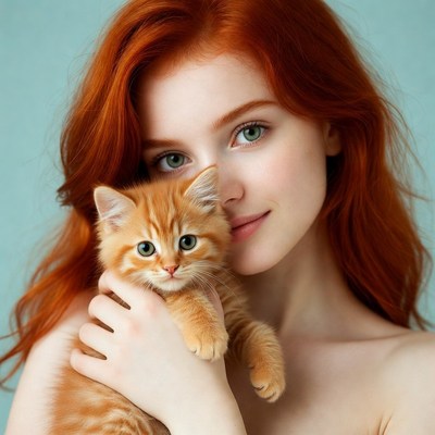 Woman holding orange kitten