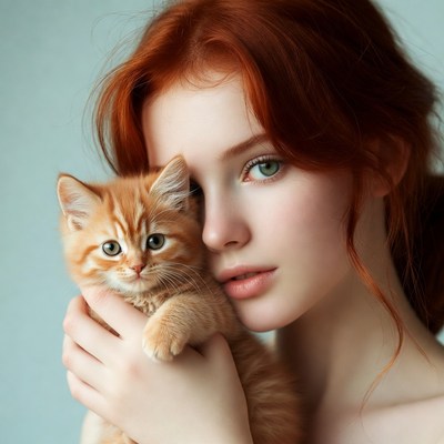 Woman holding orange kitten