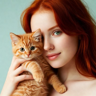 Redhead woman holding orange kitten