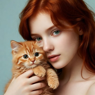 Redhead woman holding orange kitten