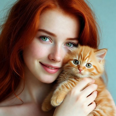 Woman holding ginger kitten