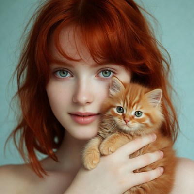 Redhead woman holding orange kitten