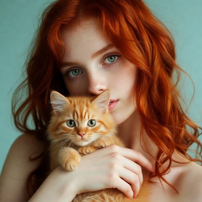 Woman holding ginger kitten