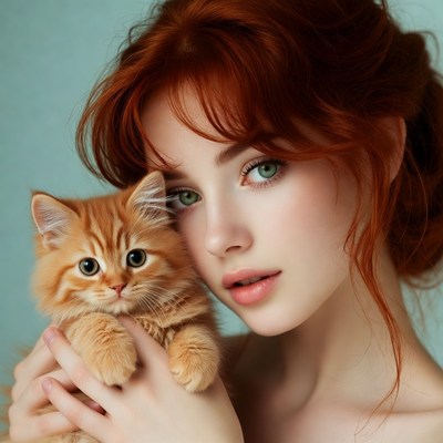 Woman holding ginger kitten