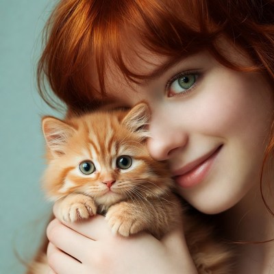 Redhead girl holding orange kitten