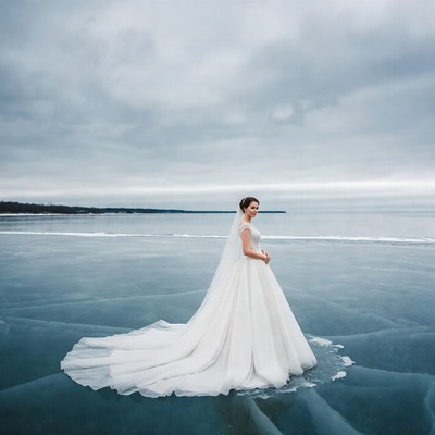 Bride standing on frozen lake
