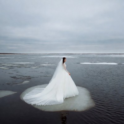 Bride standing on frozen lake
