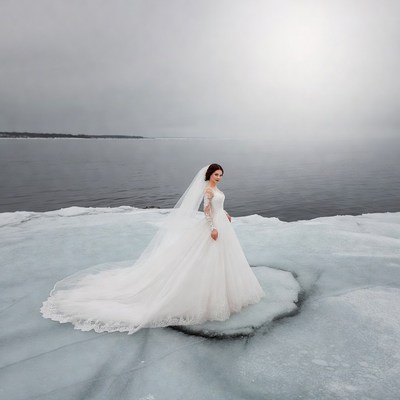 Bride in white gown on ice floe