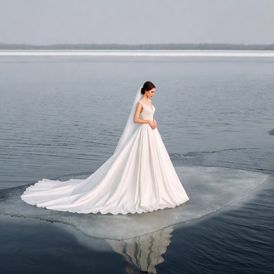 Bride in white gown on frozen lake