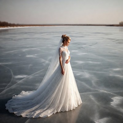 Bride in white gown on frozen lake
