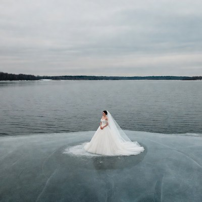 Bride standing on frozen lake
