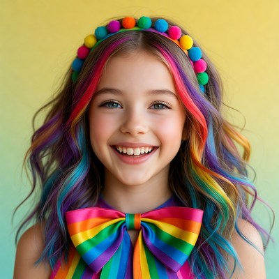 Girl with rainbow hair and pom pom headband