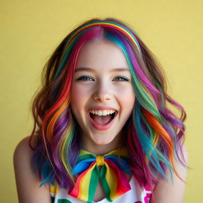 Girl with rainbow hair smiling