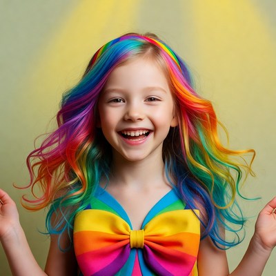 Girl with rainbow hair and bow dress