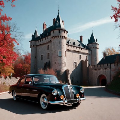 Vintage Black Car Parked Before Medieval Castle