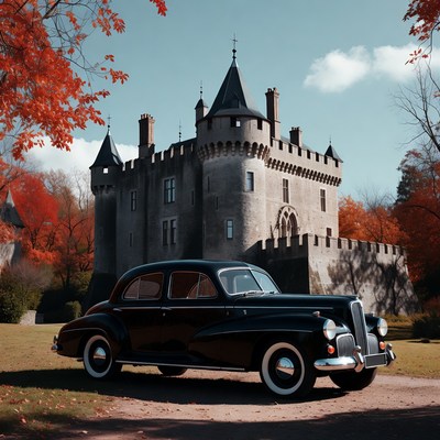 Vintage Black Car Parked Before Medieval Castle