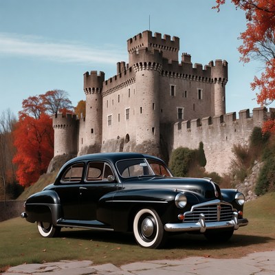 Black vintage car parked before stone castle