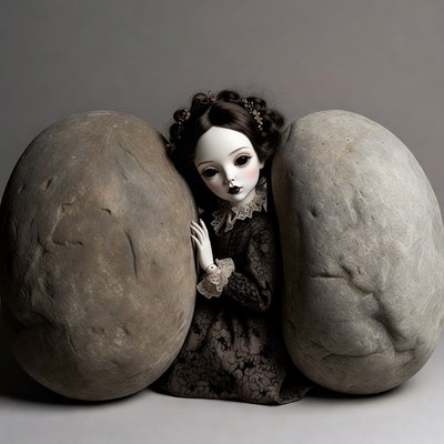 Doll hugging large stone eggs