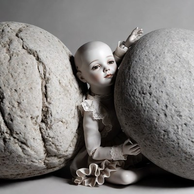 Porcelain doll hugging large boulders