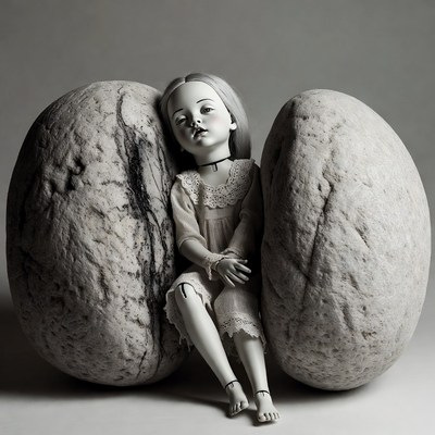 Doll girl sitting between large rocks