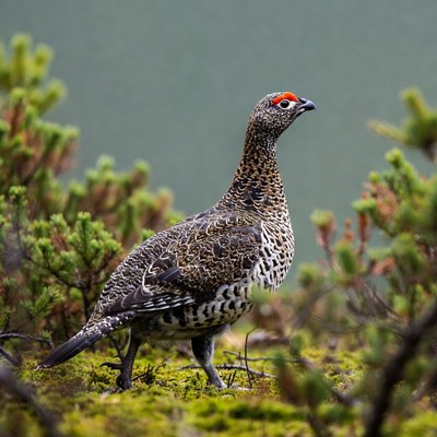 Ptarmigan standing in green forest