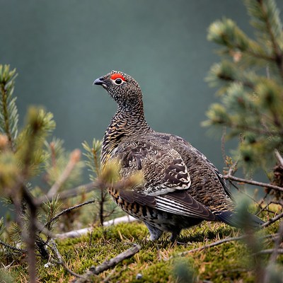 Ptarmigan standing in mossy forest