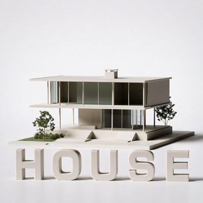 White Architectural House Model with 'HOUSE' Letters