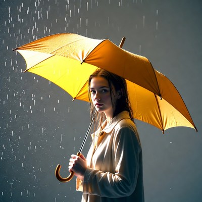 Woman with yellow umbrella in rain