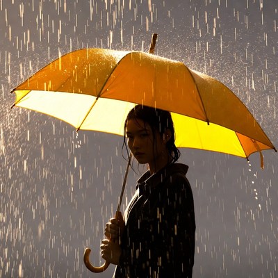Asian woman holding yellow umbrella in rain