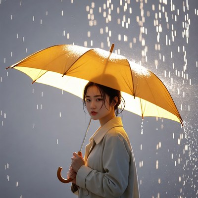 Asian woman holding yellow umbrella in rain