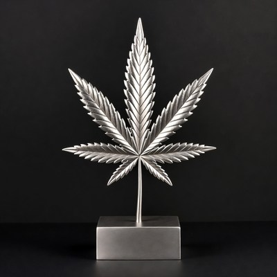Silver Marijuana Leaf on Black Base