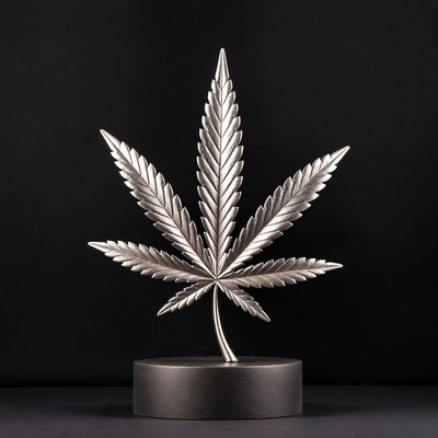 Silver Marijuana Leaf on Black Base