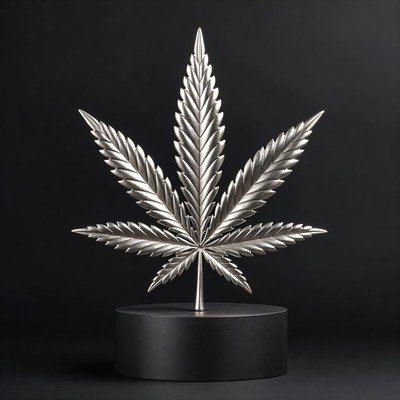Silver Marijuana Leaf on Black Base