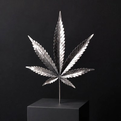Silver metallic cannabis leaf on black base