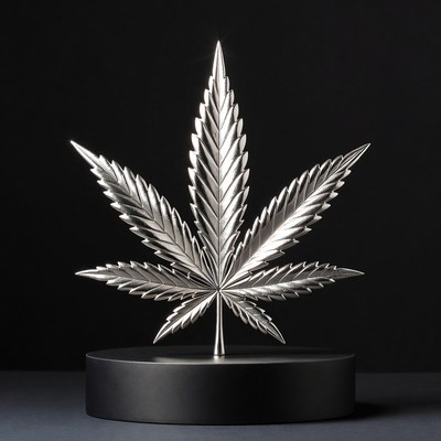 Shiny Silver Marijuana Leaf on Black Base