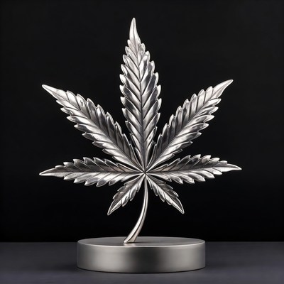 Silver Marijuana Leaf on Black Base