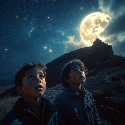 Two boys gazing at starry moonlit sky