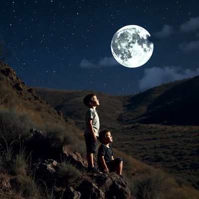 Two boys gazing at full moon