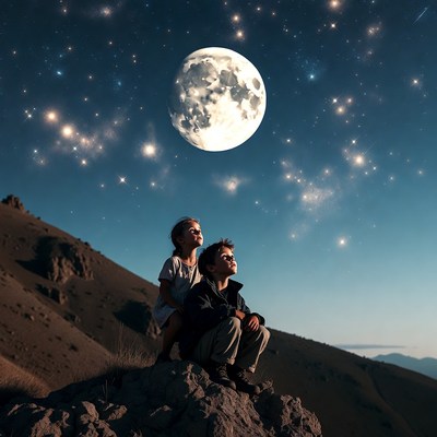 Boy and girl gazing at starry moonlit sky