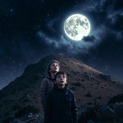 Boys gazing at full moon on hill