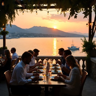 Group dining at sunset terrace overlooking sea