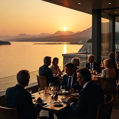 Business people dining at sunset terrace