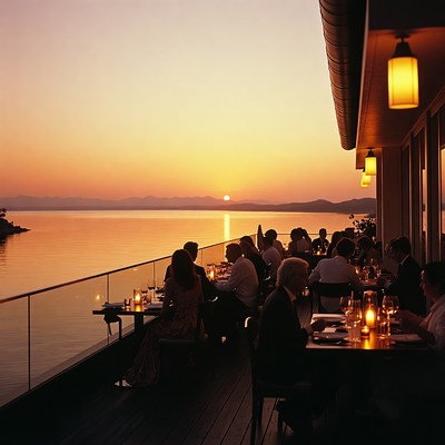 People dining on sunset lakeside terrace