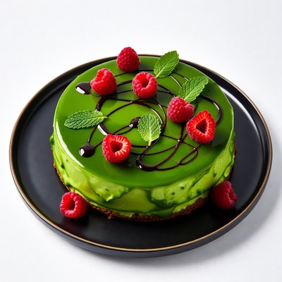 Green Mirror Glaze Cake with Raspberries