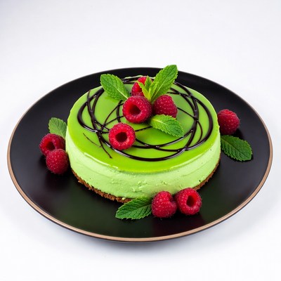 Green cheesecake with raspberries