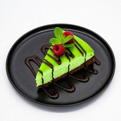 Green Cheesecake Slice with Raspberries