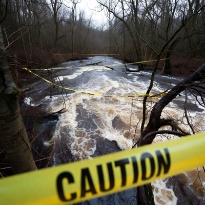 Caution Tape Over Forest River