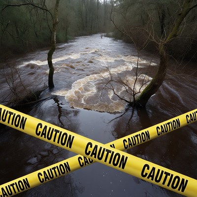 Flooded River with Caution Tape